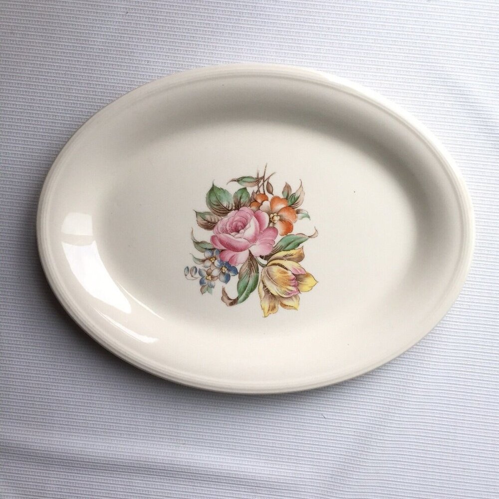 Edwin M Knowles Serving Dish Pink Yellow Floral Flower Tray Platter Plate USA